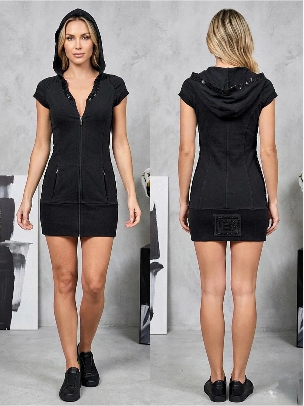 Bebe Black Hooded Zip Mini Dress Y2K
